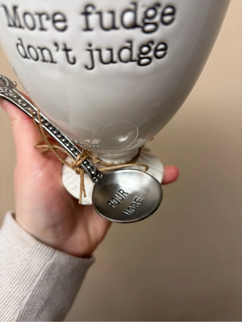 Pier 1 “More fudge don’t judge” White Ceramic Bowl with Silver Spoon Accent